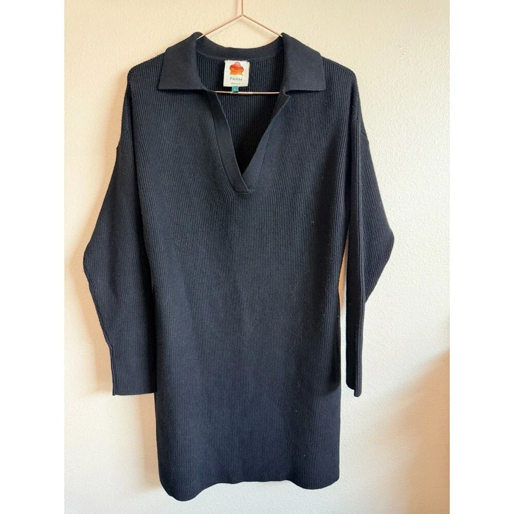 Farm Rio Ribbed Collared Sweater Dress Black Size L - Picture 2 of 7
